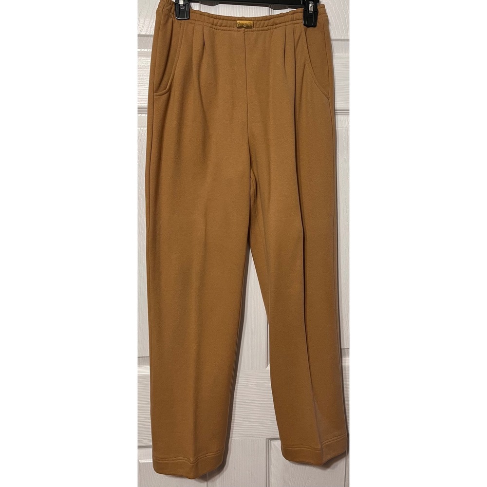 St John Sport Marie Gray Camel Tan 100% Cotton Pleated Knit Pants Sz P USA made